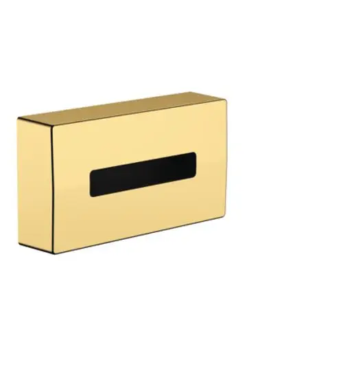 Kosmetiktuchbox in glänzendem Goldton mit rechteckiger Form und schmalem Schlitz. Hergestellt von Hansgrohe, geeignet für die Aufbewahrung von Kosmetiktüchern.